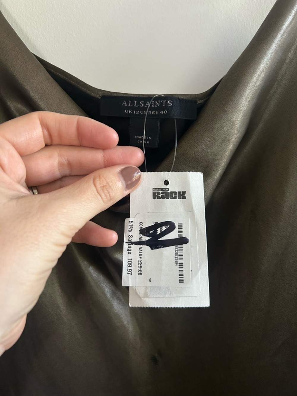 All Saints Hadley Olive Satin Cowl Slip Midi Dress - Picture 7 of 8